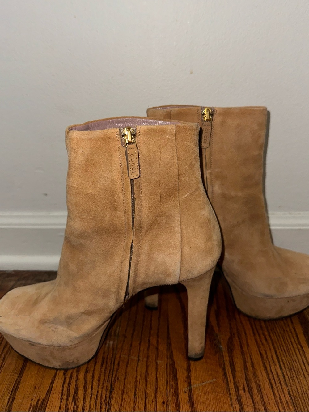 Gucci Suede Platform Ankle Boots in Tan